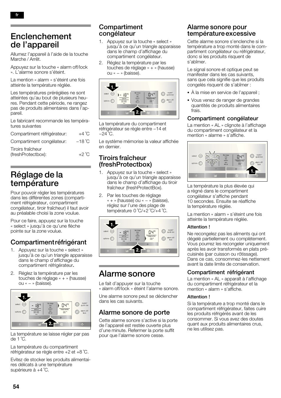Enclenchement de l'appareil, Réglage de la température, Alarme sonore | Compartiment réfrigérant, Compartiment congélateur, Tiroirs fraîcheur (freshprotectbox), Alarme sonore de porte, Alarme sonore pour température excessive | Bosch KAD62S51 Réfrigérateur-congélateur américain Premium User Manual | Page 54 / 114
