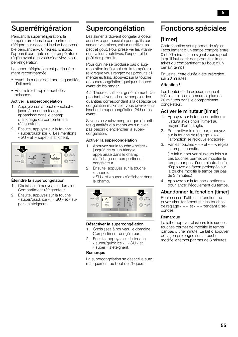 Superréfrigération, Supercongélation, Fonctions spéciales | Timer | Bosch KAD62S51 Réfrigérateur-congélateur américain Premium User Manual | Page 55 / 114