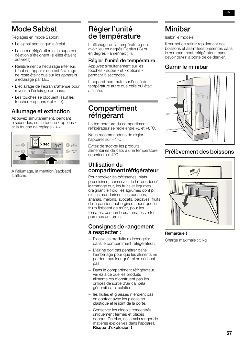 Mode sabbat, Régler l'unité de température, Compartiment réfrigérant | Minibar, Allumage et extinction, Utilisation du compartiment réfrigérateur, Consignes de rangement à respecter, Garnir le minibar prélèvement des boissons | Bosch KAD62S51 Réfrigérateur-congélateur américain Premium User Manual | Page 57 / 114