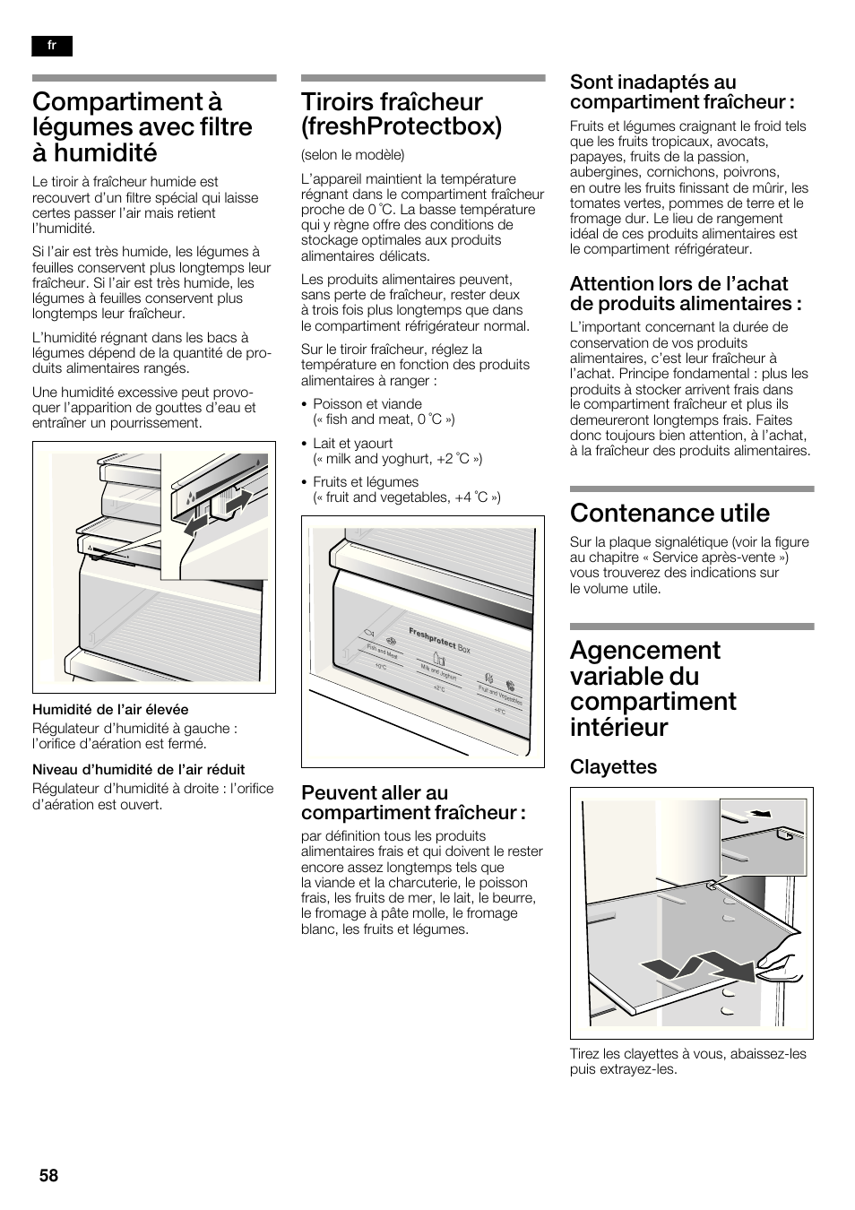 Compartiment à légumes avec filtre à humidité, Tiroirs fraîcheur (freshprotectbox), Contenance utile | Agencement variable du compartiment intérieur, Peuvent aller au compartiment fraîcheur, Sont inadaptés au compartiment fraîcheur, Attention lors de l'achat de produits alimentaires, Clayettes | Bosch KAD62S51 Réfrigérateur-congélateur américain Premium User Manual | Page 58 / 114