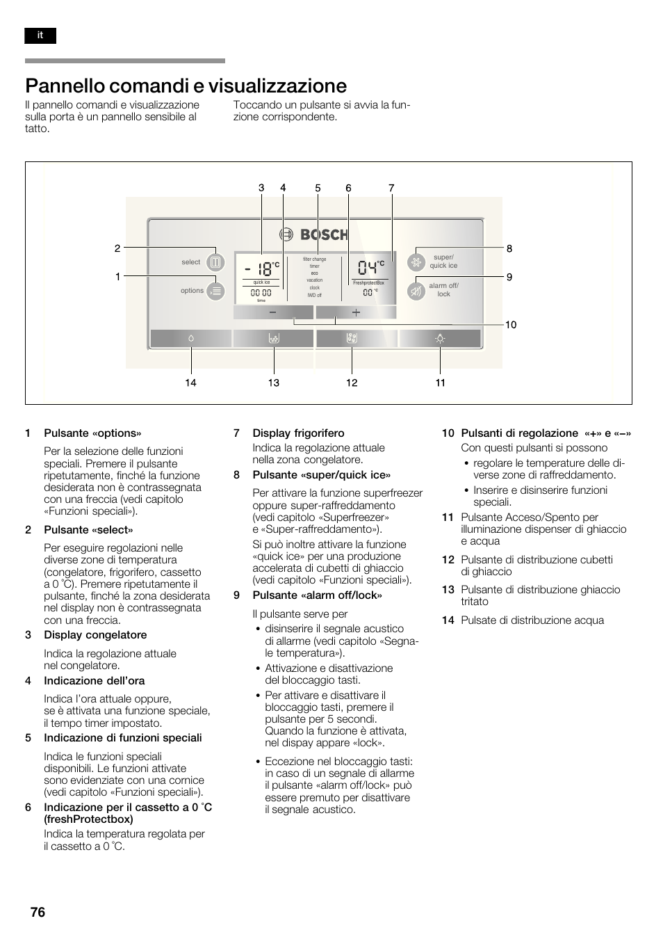 Pannello comandi e visualizzazione | Bosch KAD62S51 Réfrigérateur-congélateur américain Premium User Manual | Page 76 / 114