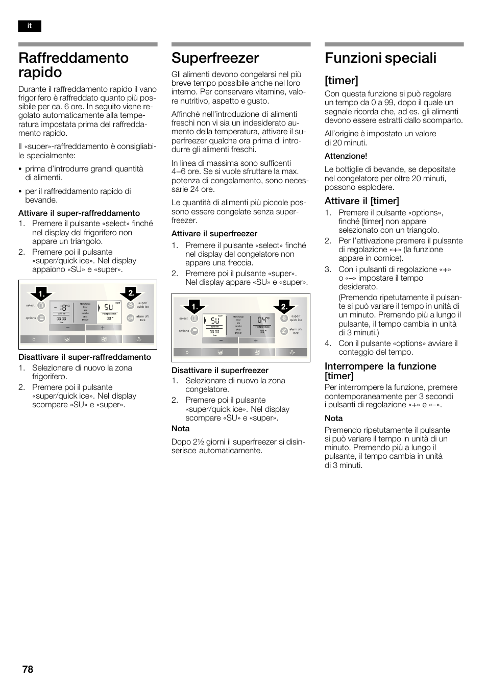 Raffreddamento rapido, Superfreezer, Funzioni speciali | Timer | Bosch KAD62S51 Réfrigérateur-congélateur américain Premium User Manual | Page 78 / 114