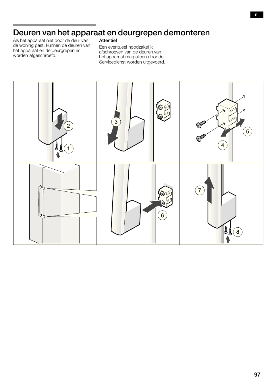 Deuren van het apparaat en deurgrepen demonteren | Bosch KAD62S51 Réfrigérateur-congélateur américain Premium User Manual | Page 97 / 114