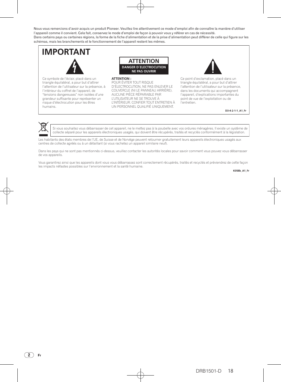 Important, Attention, Drb1501-d | Pioneer DJM-350-W User Manual | Page 18 / 116