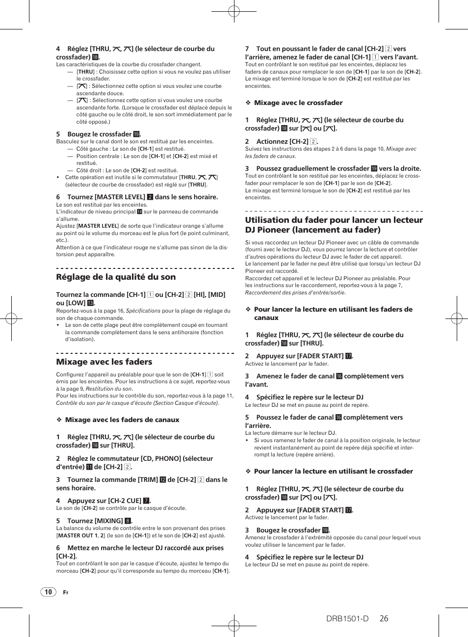 Drb1501-d, Réglage de la qualité du son, Mixage avec les faders | Pioneer DJM-350-W User Manual | Page 26 / 116