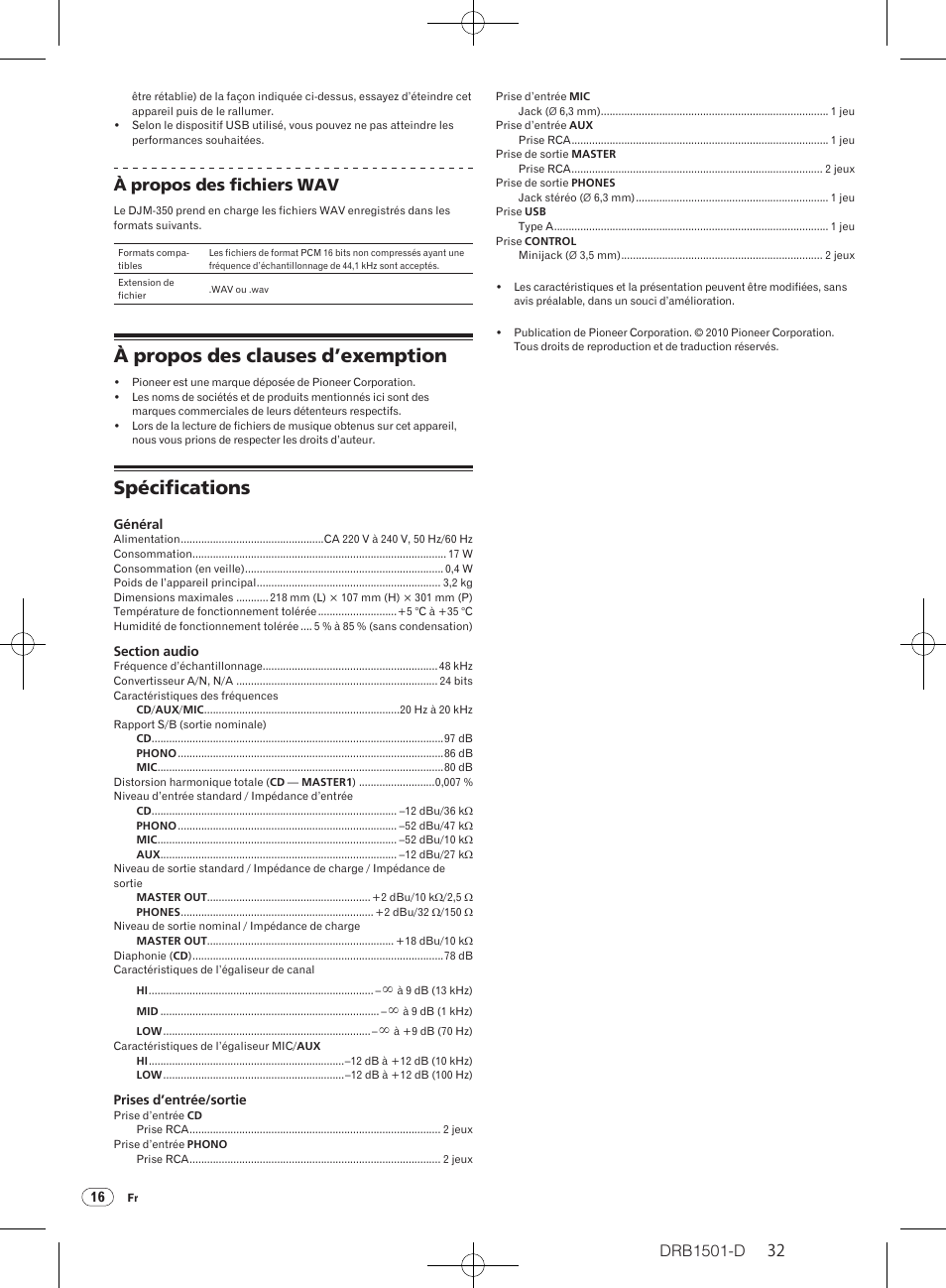 À propos des clauses d’exemption spécifications, À propos des clauses d’exemption, Spécifications | Drb1501-d, À propos des fichiers wav | Pioneer DJM-350-W User Manual | Page 32 / 116