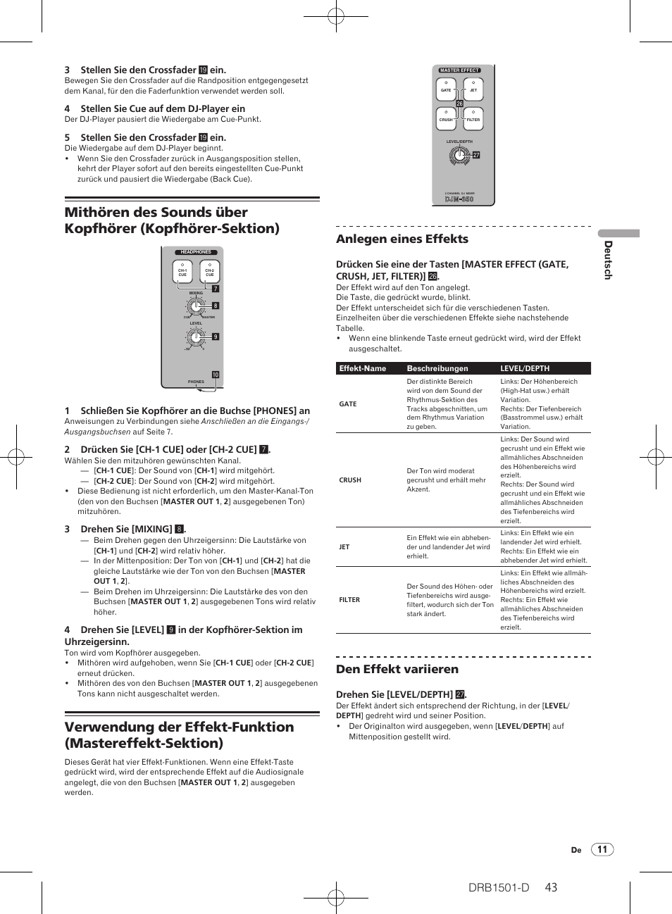Drb1501-d, Anlegen eines effekts, Den effekt variieren | 11 deutsch | Pioneer DJM-350-W User Manual | Page 43 / 116