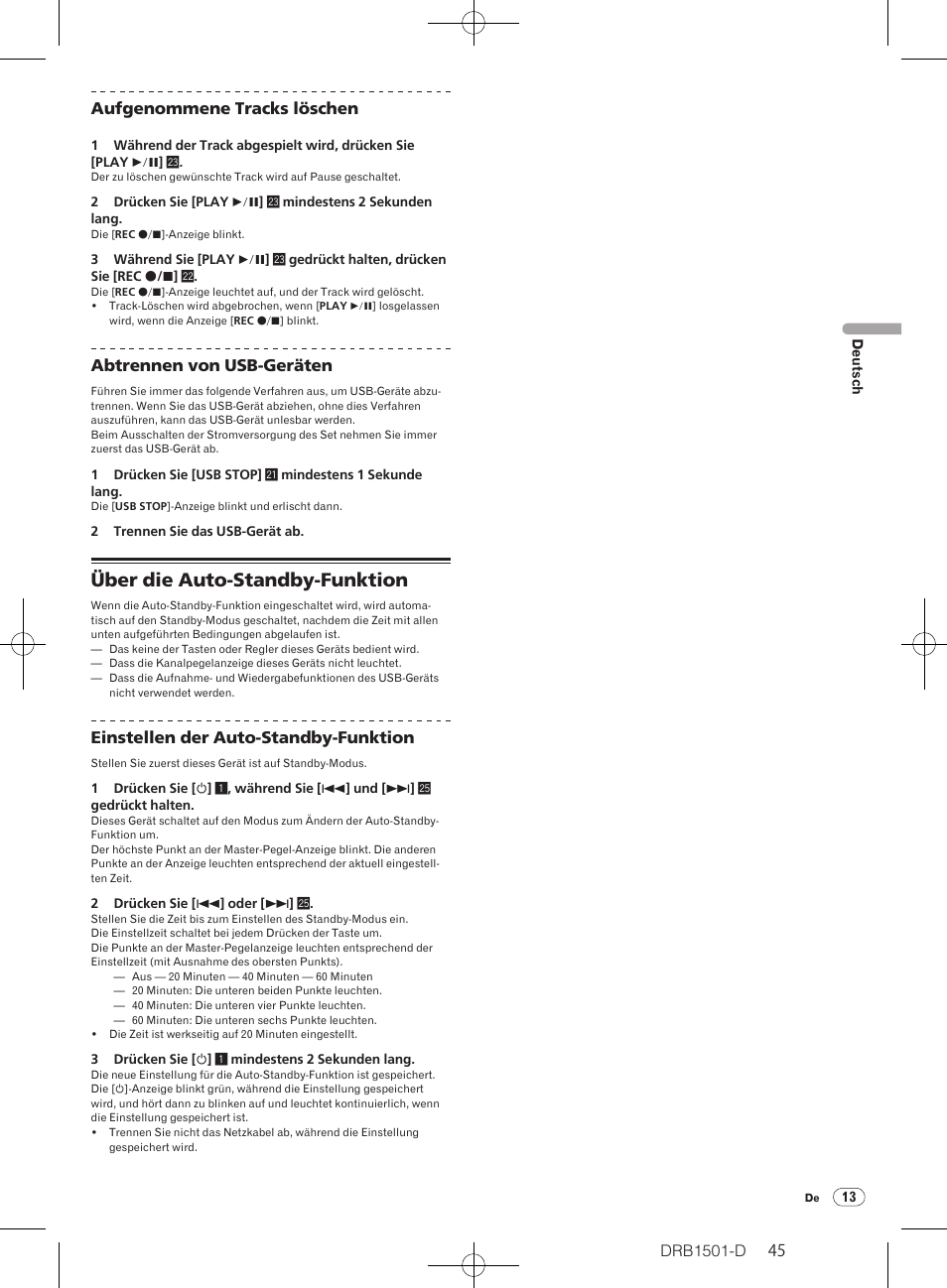 Über die auto-standby-funktion, Drb1501-d, 45 44 aufgenommene tracks löschen | Abtrennen von usb-geräten, Einstellen der auto-standby-funktion | Pioneer DJM-350-W User Manual | Page 45 / 116
