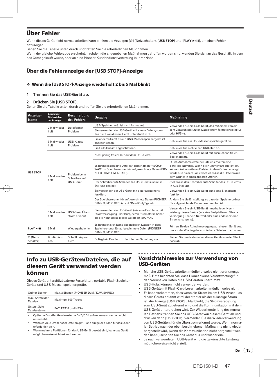 Über fehler, Drb1501-d, Über die fehleranzeige der [usb stop]-anzeige | Vorsichtshinweise zur verwendung von usb-geräten | Pioneer DJM-350-W User Manual | Page 47 / 116
