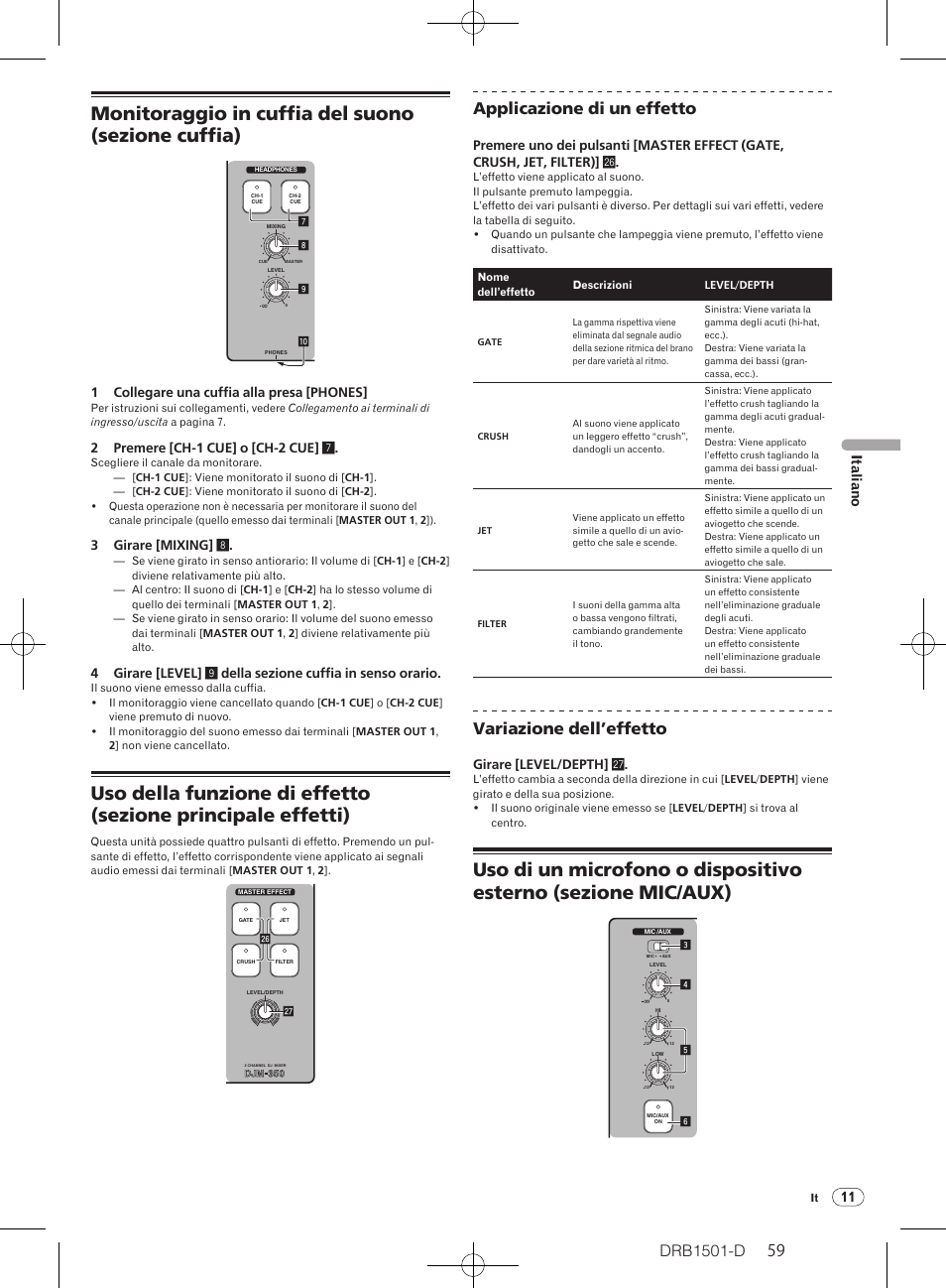 Monitoraggio in cuffia del suono (sezione cuffia), Drb1501-d, Applicazione di un effetto | Variazione dell’effetto, 11 italiano | Pioneer DJM-350-W User Manual | Page 59 / 116