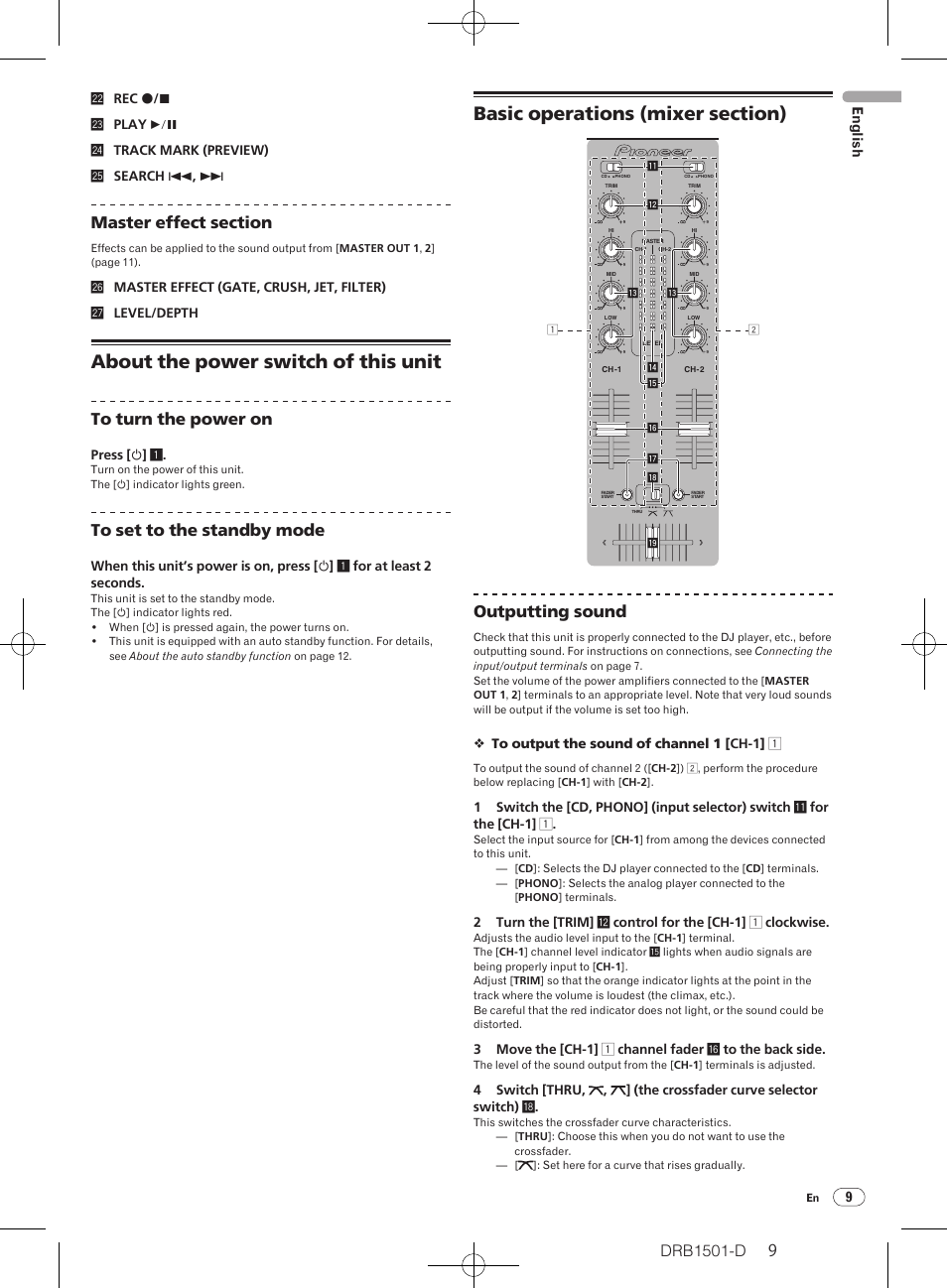 About the power switch of this unit, Drb1501-d, Outputting sound | 9english | Pioneer DJM-350-W User Manual | Page 9 / 116