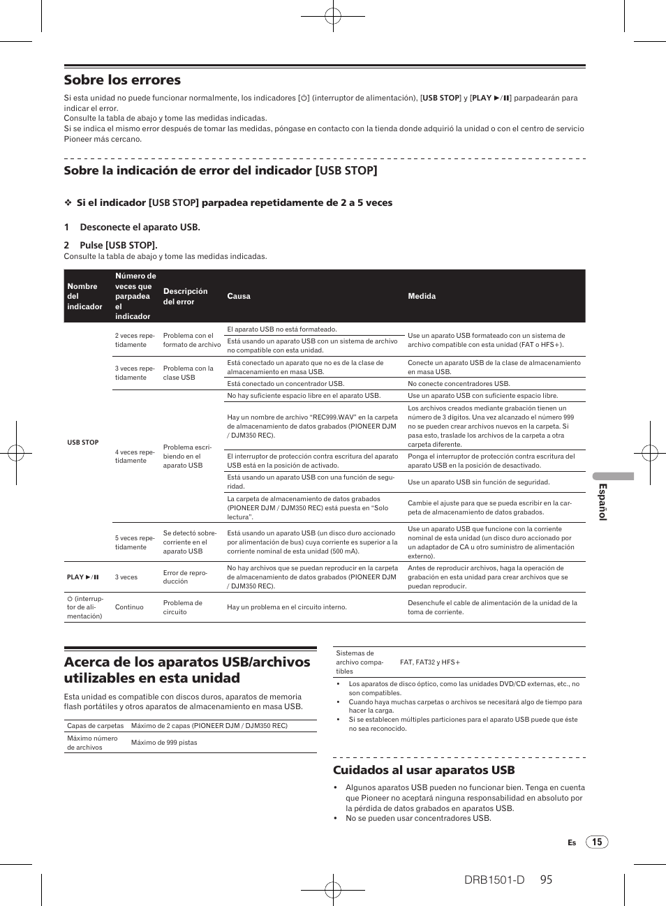 Sobre los errores, Drb1501-d, Cuidados al usar aparatos usb | 15 español | Pioneer DJM-350-W User Manual | Page 95 / 116