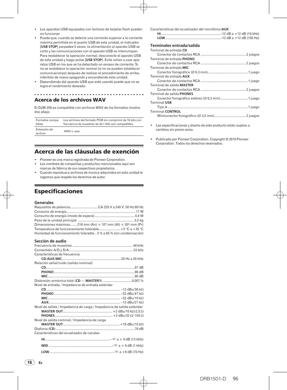 Acerca de las cláusulas de exención, Especificaciones, Drb1501-d | Acerca de los archivos wav | Pioneer DJM-350-W User Manual | Page 96 / 116