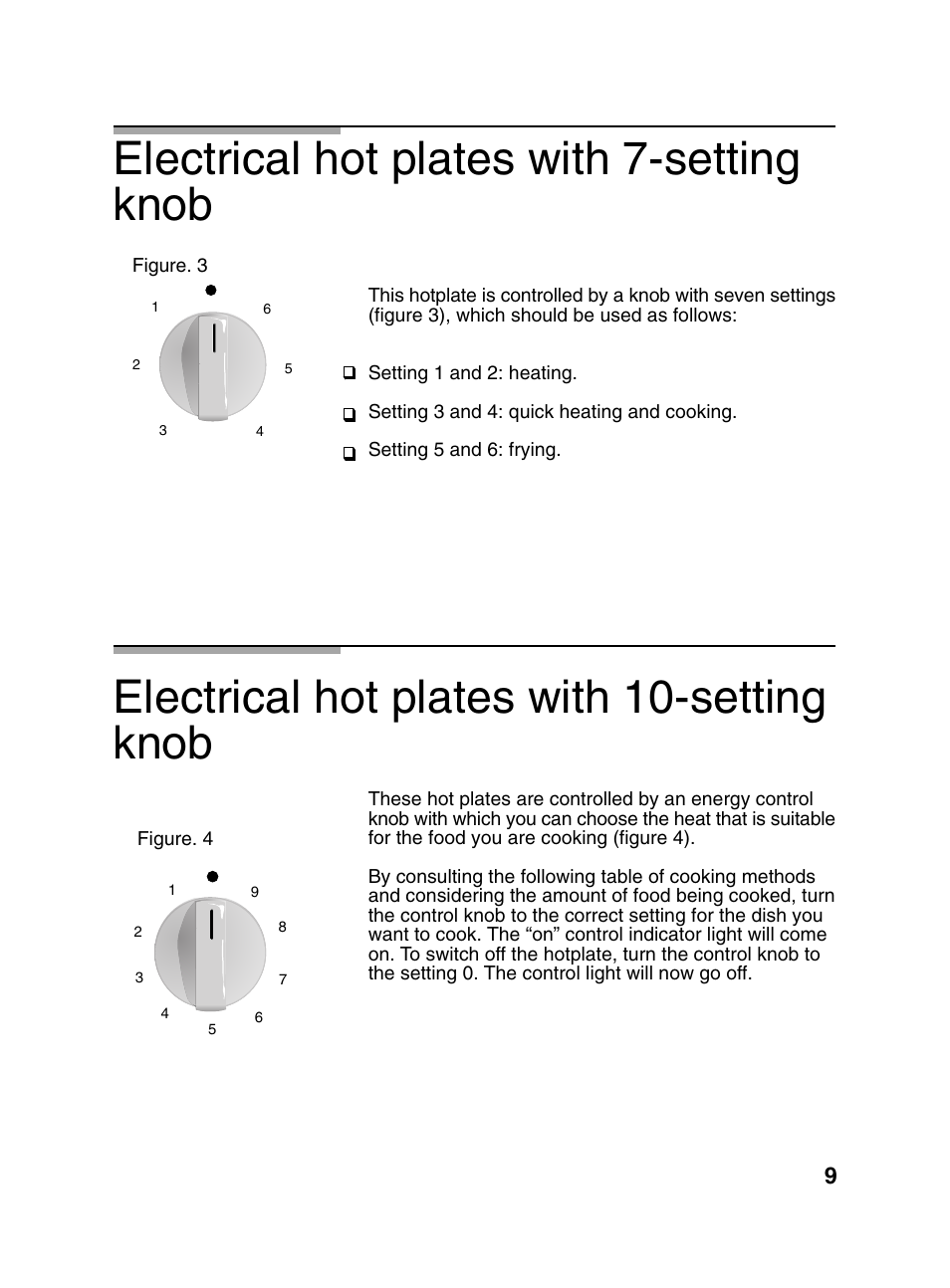 Electrical hot plates with 10-setting knob, Electrical hot plates with 7-setting knob | Bosch PCD345DEU Domino gaz 30 cm User Manual | Page 10 / 86