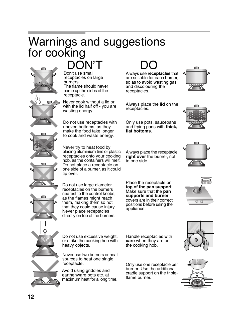Don’t do, Warnings and suggestions for cooking | Bosch PCD345DEU Domino gaz 30 cm User Manual | Page 13 / 86