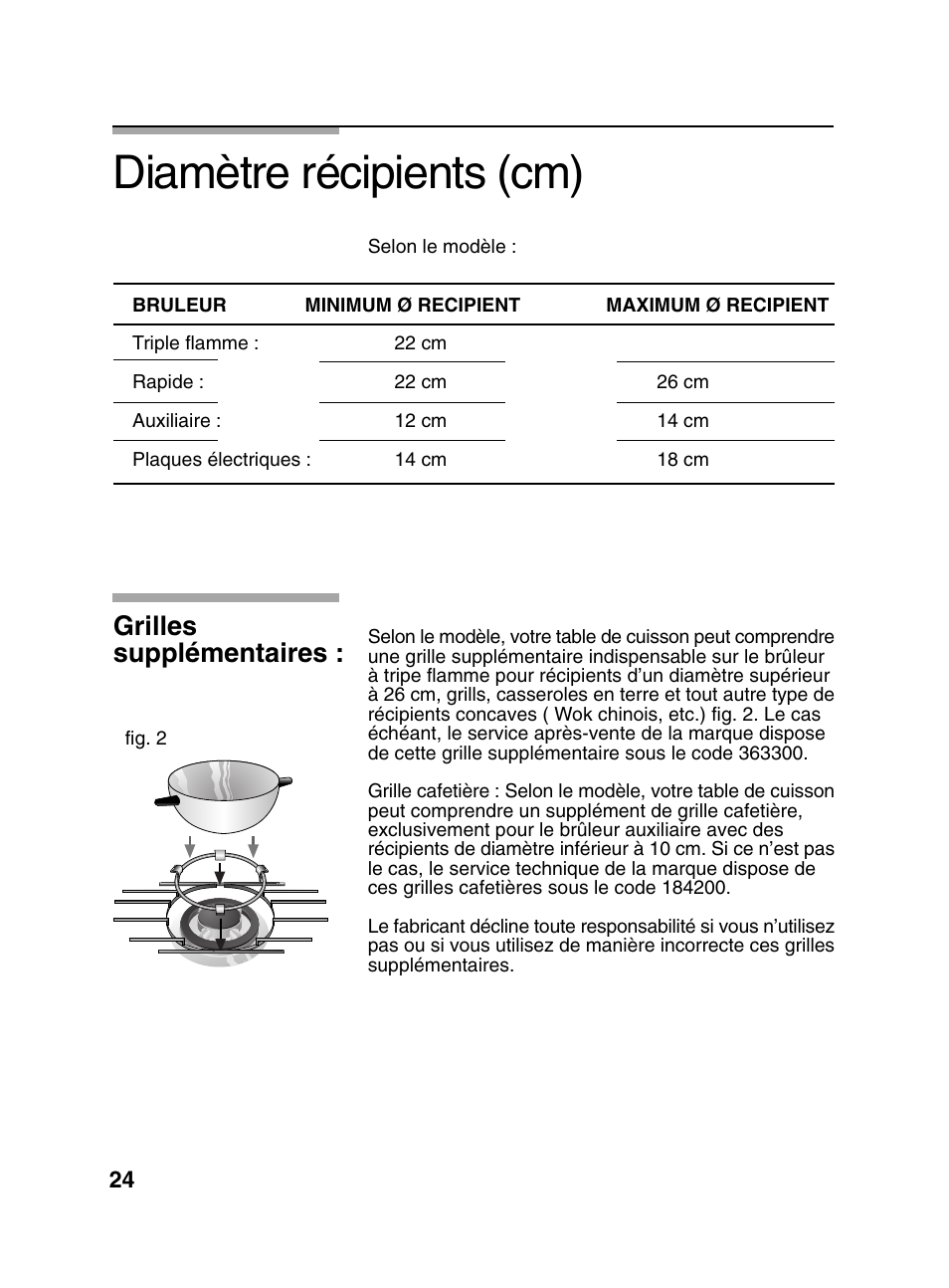 Diamètre récipients (cm), Grilles supplémentaires | Bosch PCD345DEU Domino gaz 30 cm User Manual | Page 25 / 86