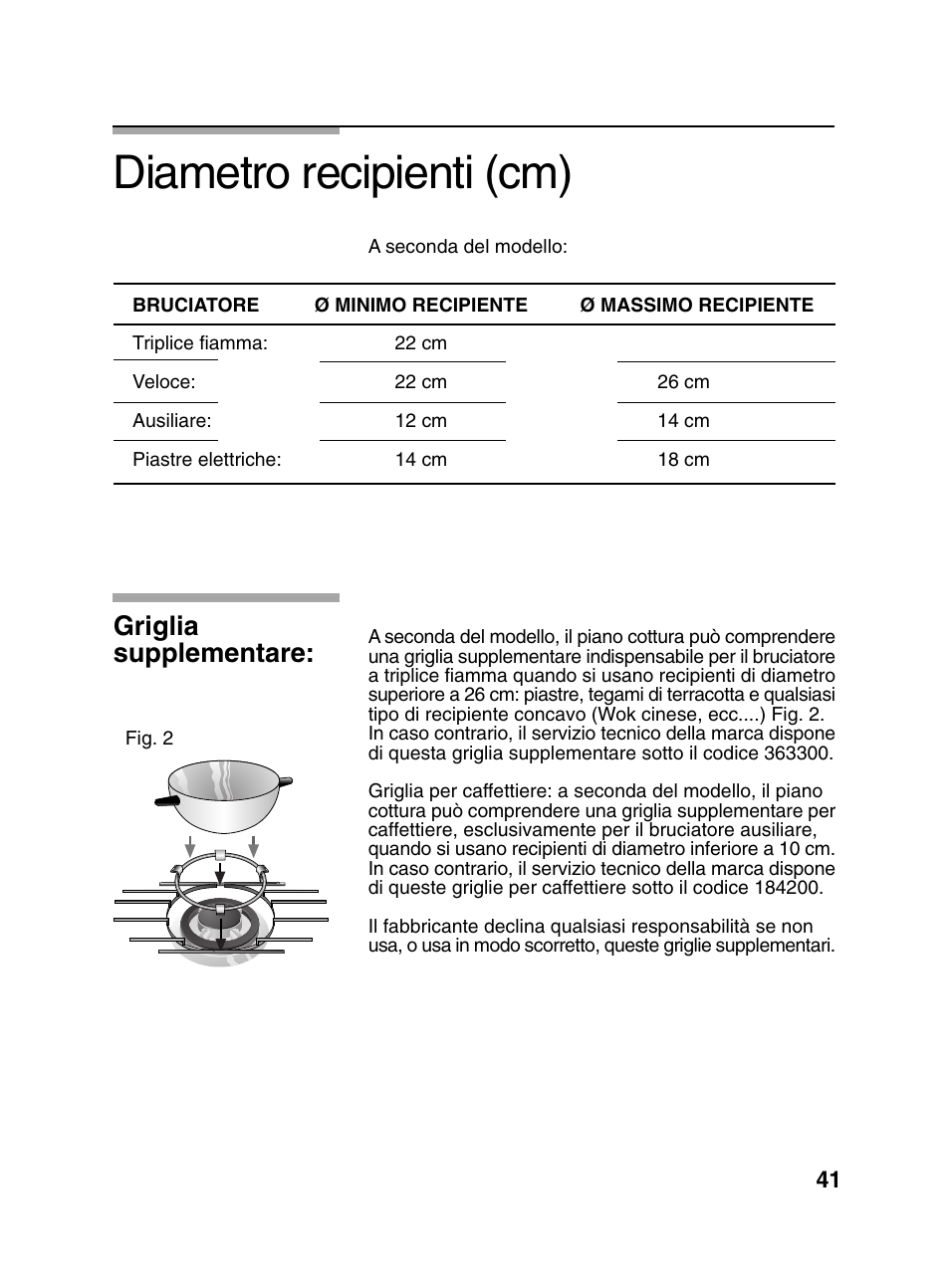 Diametro recipienti (cm), Griglia supplementare | Bosch PCD345DEU Domino gaz 30 cm User Manual | Page 42 / 86