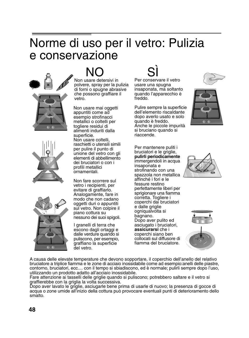 Norme di uso per il vetro: pulizia e conservazione, No sì | Bosch PCD345DEU Domino gaz 30 cm User Manual | Page 49 / 86