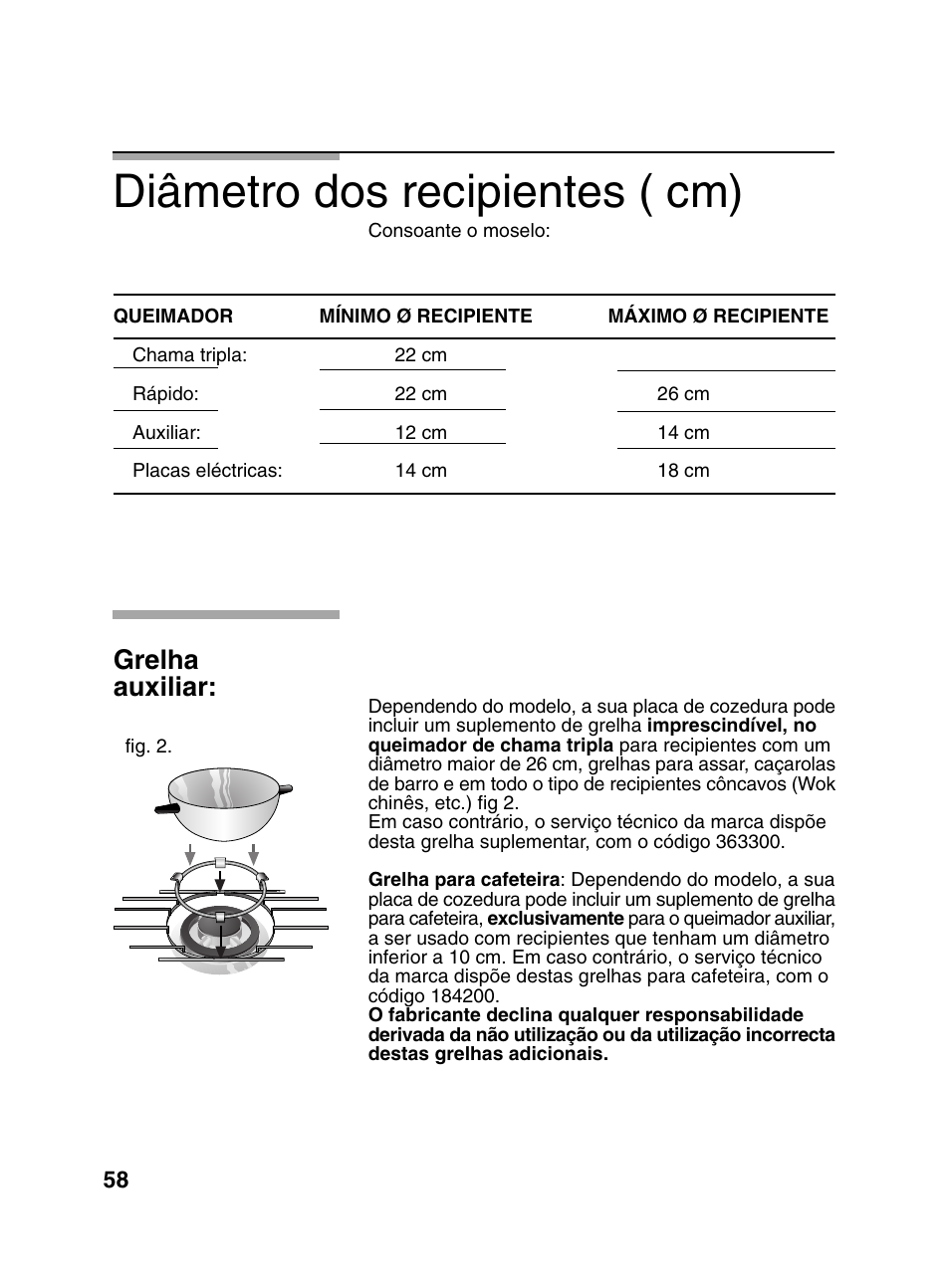 Diâmetro dos recipientes ( cm), Grelha auxiliar | Bosch PCD345DEU Domino gaz 30 cm User Manual | Page 59 / 86