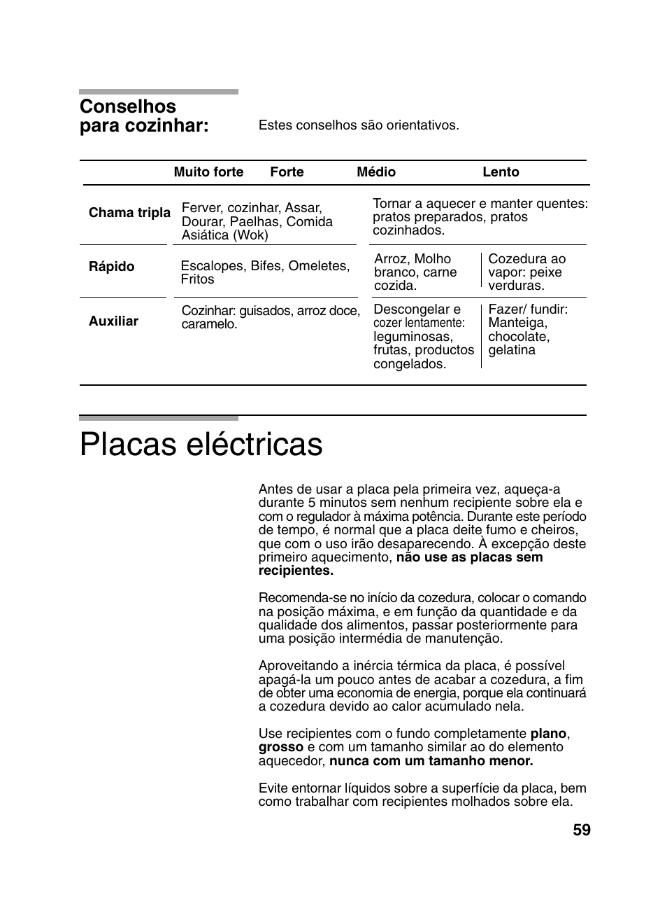 Placas eléctricas, Conselhos para cozinhar | Bosch PCD345DEU Domino gaz 30 cm User Manual | Page 60 / 86