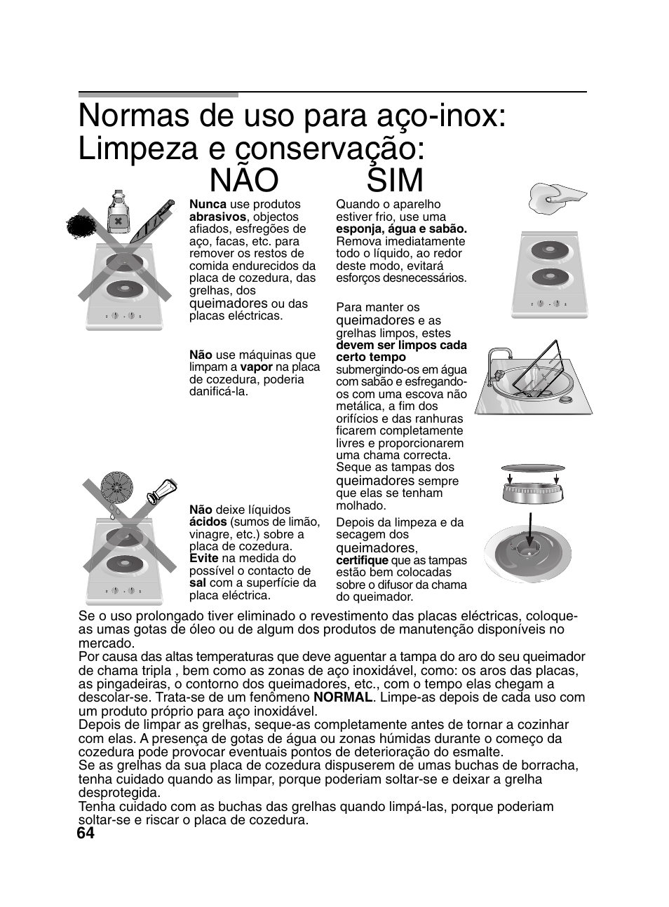 Normas de uso para aço-inox: limpeza e conservação, Não sim | Bosch PCD345DEU Domino gaz 30 cm User Manual | Page 65 / 86