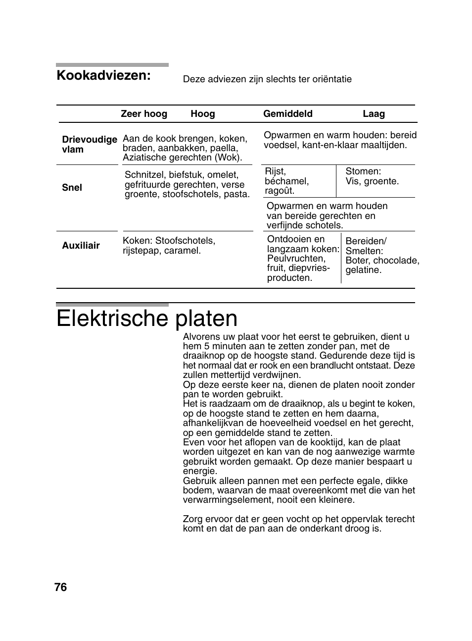 Elektrische platen, Kookadviezen | Bosch PCD345DEU Domino gaz 30 cm User Manual | Page 77 / 86