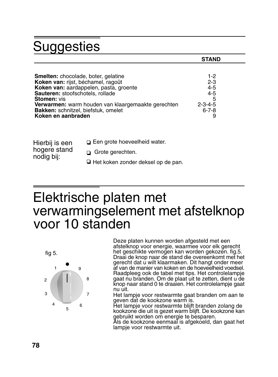 Suggesties, Elektrische platen met, Verwarmingselement met afstelknop voor 10 standen | Bosch PCD345DEU Domino gaz 30 cm User Manual | Page 79 / 86