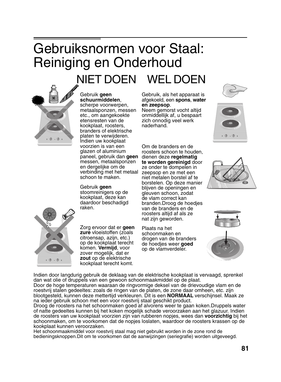 Gebruiksnormen voor staal: reiniging en onderhoud, Niet doen wel doen | Bosch PCD345DEU Domino gaz 30 cm User Manual | Page 82 / 86