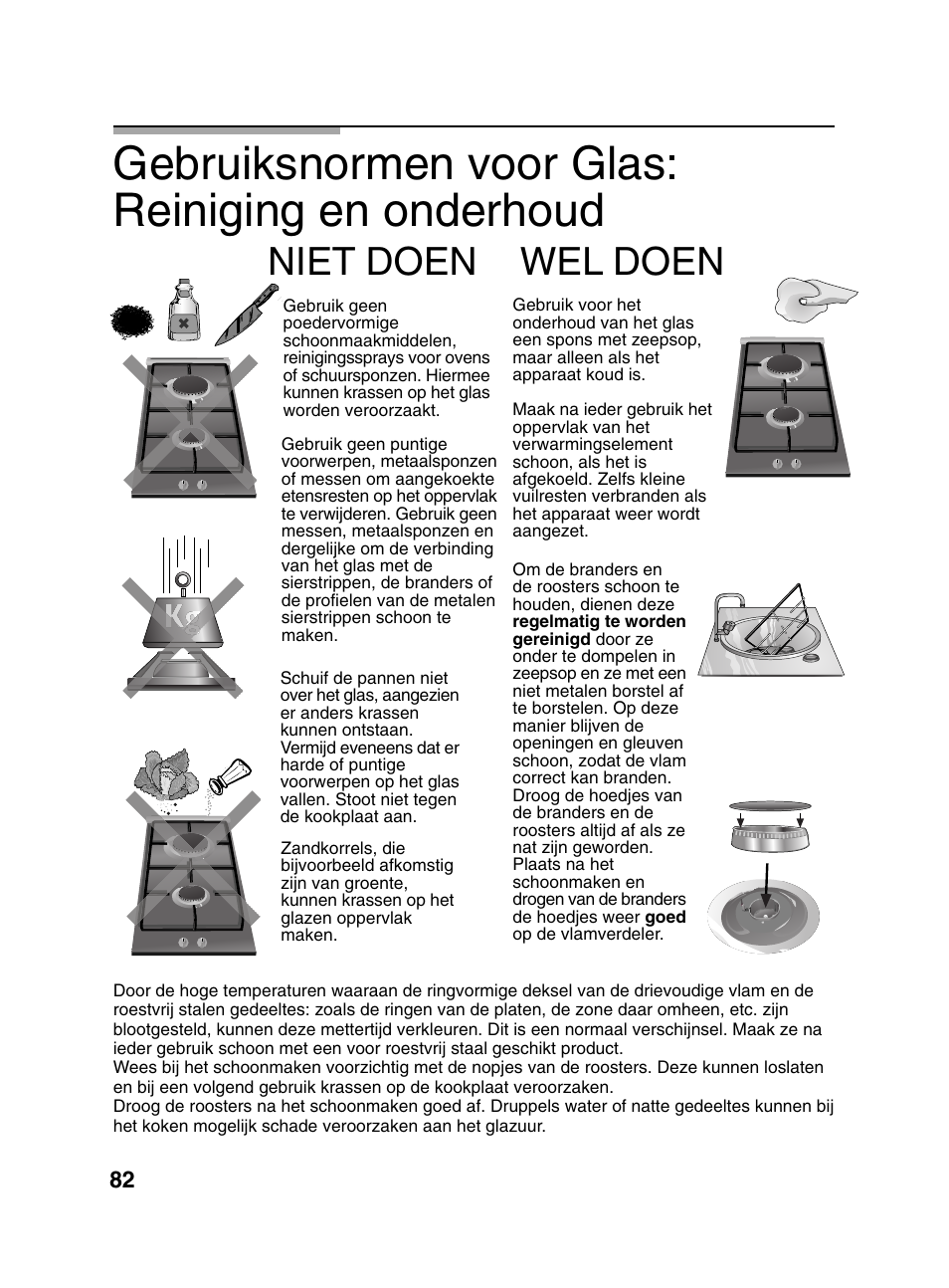 Gebruiksnormen voor glas: reiniging en onderhoud, Niet doen wel doen | Bosch PCD345DEU Domino gaz 30 cm User Manual | Page 83 / 86