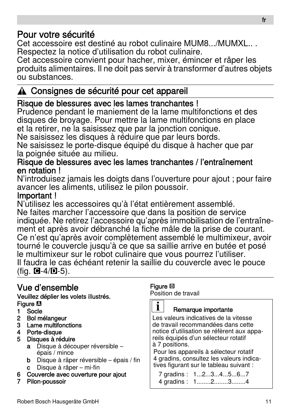 Pour votre sécurité, Consignes de sécurité pour cet appareil, Vue d’ensemble | Bosch MUZXLVE1 VitalEmotion pour les maîtres du pain le kit VitalEmotion est composé dun moulin à céréales dun mini-hachoir Multi-mixer et de 3 disques User Manual | Page 11 / 78