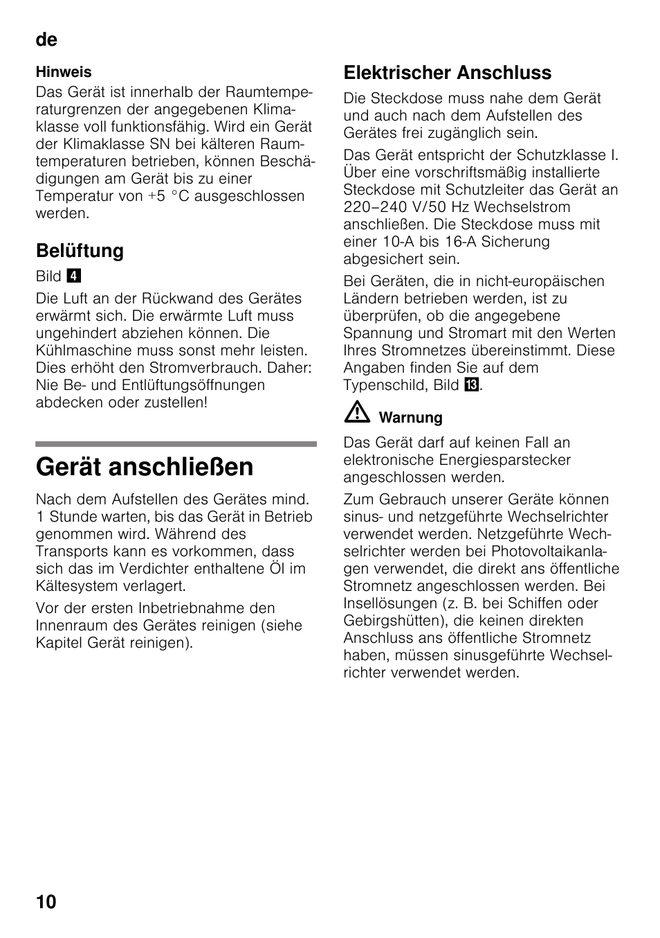 Belüftung, Gerät anschließen, Elektrischer anschluss | De 10 | Bosch KSV36VL30 Réfrigérateur 1 porte Confort User Manual | Page 10 / 78