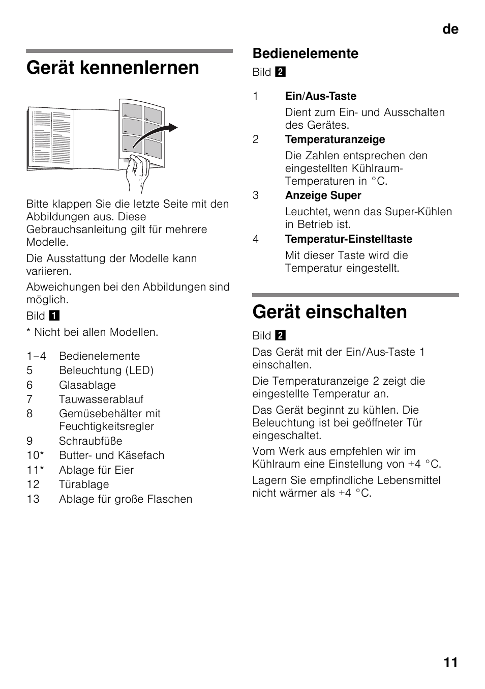 Gerät kennenlernen, Bedienelemente, Gerät einschalten | Gerät kennenlernen gerät einschalten, De 11 | Bosch KSV36VL30 Réfrigérateur 1 porte Confort User Manual | Page 11 / 78