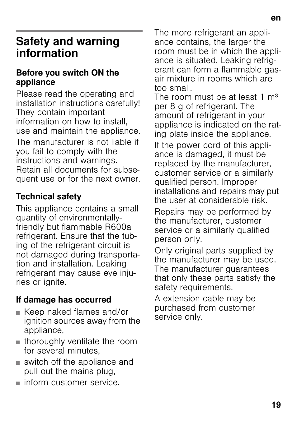 En table of contentsen instruction for use, Safety and warning information, Before you switch on the appliance | Technical safety, If damage has occurred, Instruction for use | Bosch KSV36VL30 Réfrigérateur 1 porte Confort User Manual | Page 19 / 78