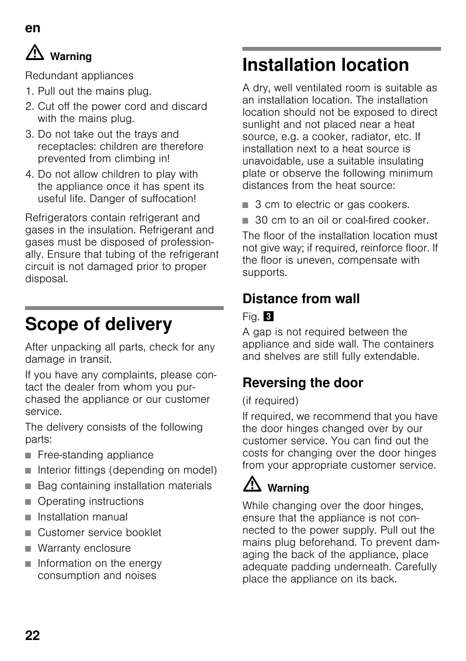 Scope of delivery, Installation location, Distance from wall | Reversing the door, Scope of delivery installation location, En 22 | Bosch KSV36VL30 Réfrigérateur 1 porte Confort User Manual | Page 22 / 78