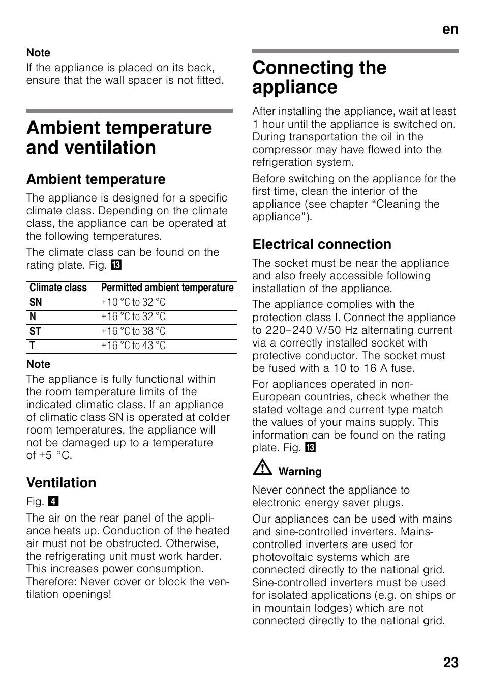 Ambient temperature and ventilation, Ambient temperature, Ventilation | Connecting the appliance, Electrical connection, En 23 | Bosch KSV36VL30 Réfrigérateur 1 porte Confort User Manual | Page 23 / 78