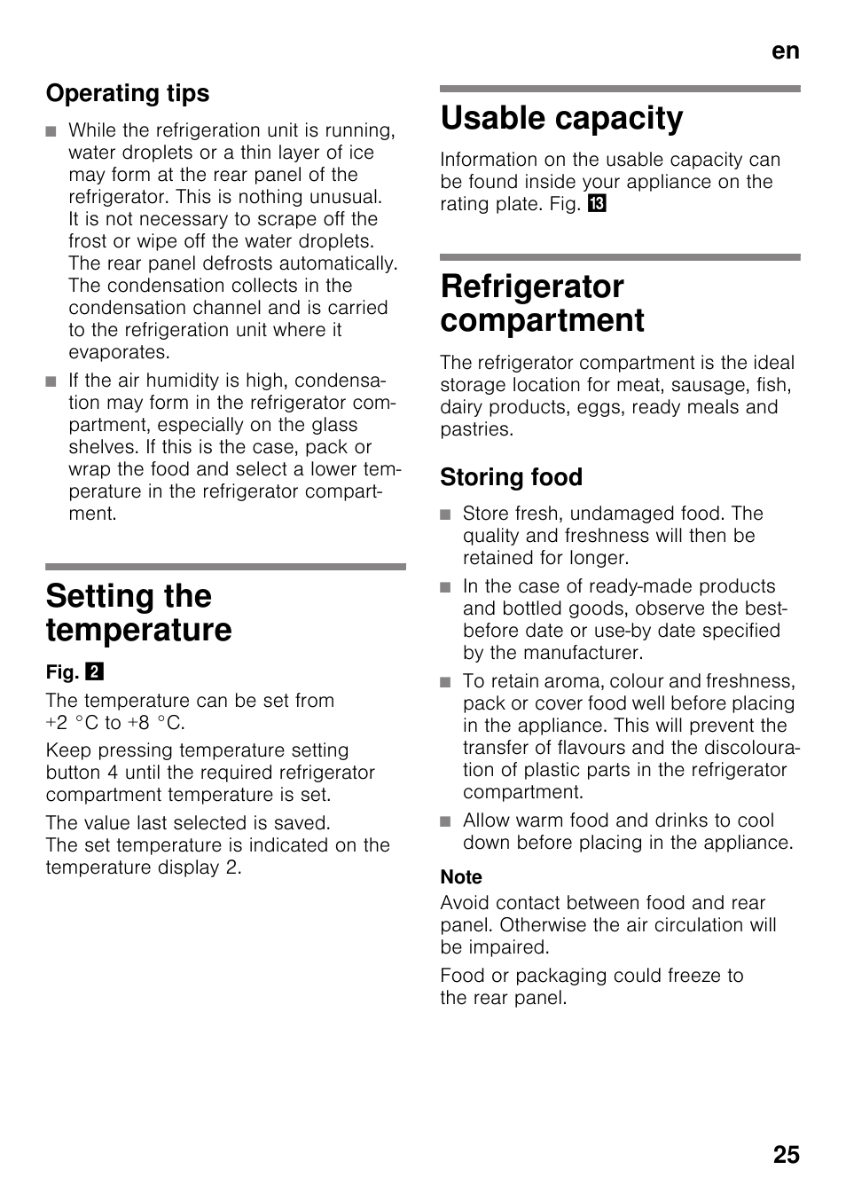 Operating tips, Setting the temperature, Usable capacity | Refrigerator compartment, Storing food, En 25 operating tips | Bosch KSV36VL30 Réfrigérateur 1 porte Confort User Manual | Page 25 / 78