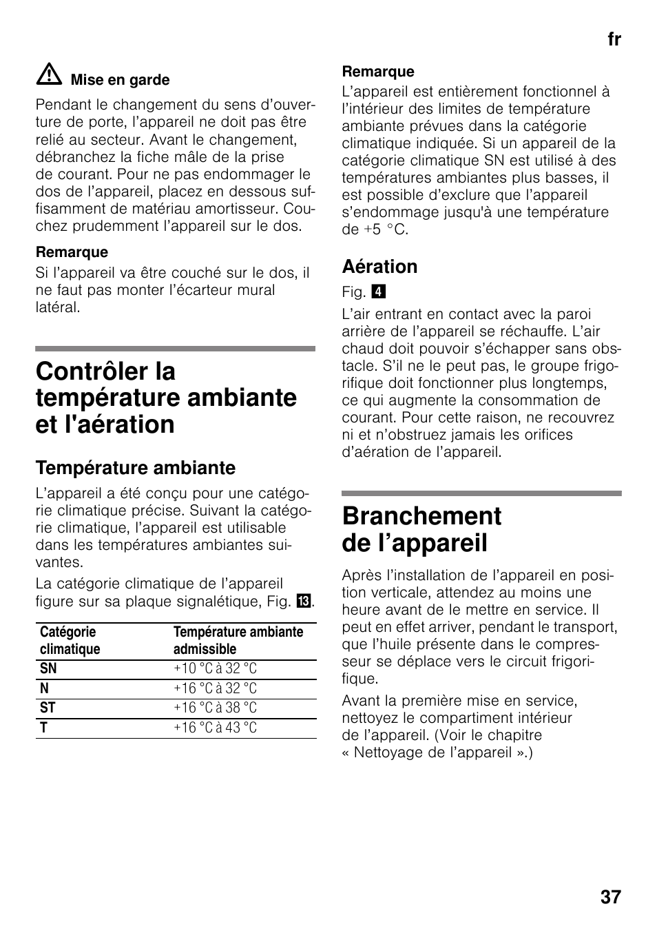 Contrôler la température ambiante et l'aération, Température ambiante, Aération | Branchement de l’appareil, Et l'aération branchement de l’appareil, Fr 37 | Bosch KSV36VL30 Réfrigérateur 1 porte Confort User Manual | Page 37 / 78