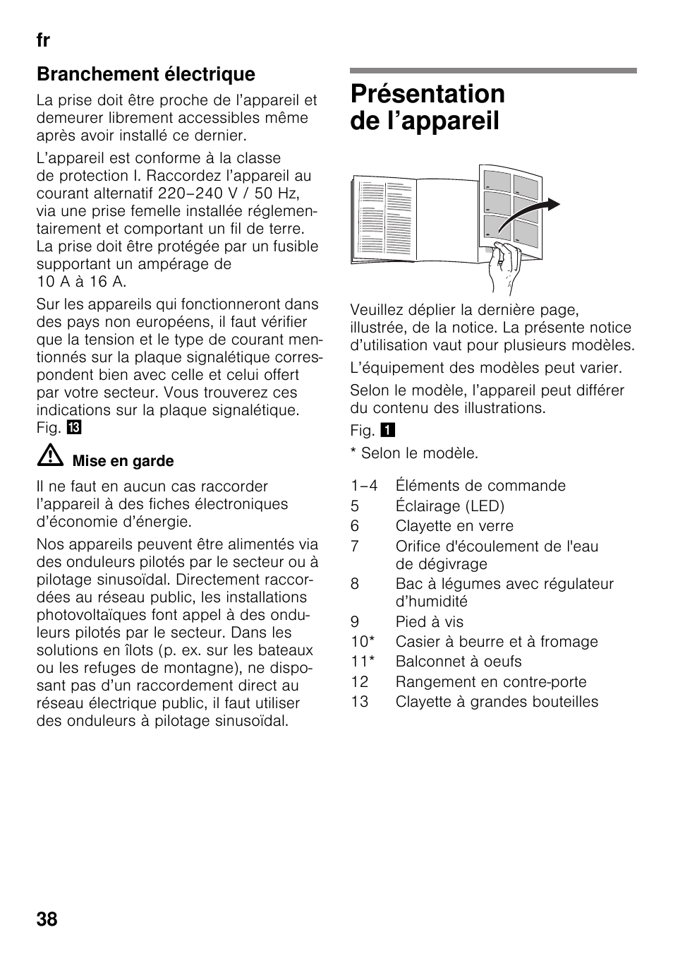 Branchement électrique, Présentation de l’appareil, Fr 38 branchement électrique | Bosch KSV36VL30 Réfrigérateur 1 porte Confort User Manual | Page 38 / 78