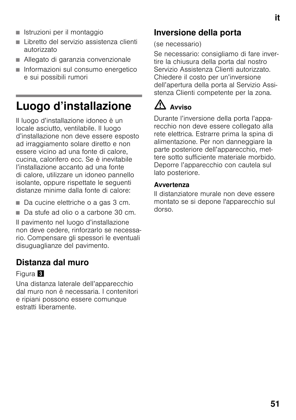 Luogo d’installazione, Distanza dal muro, Inversione della porta | It 51 | Bosch KSV36VL30 Réfrigérateur 1 porte Confort User Manual | Page 51 / 78