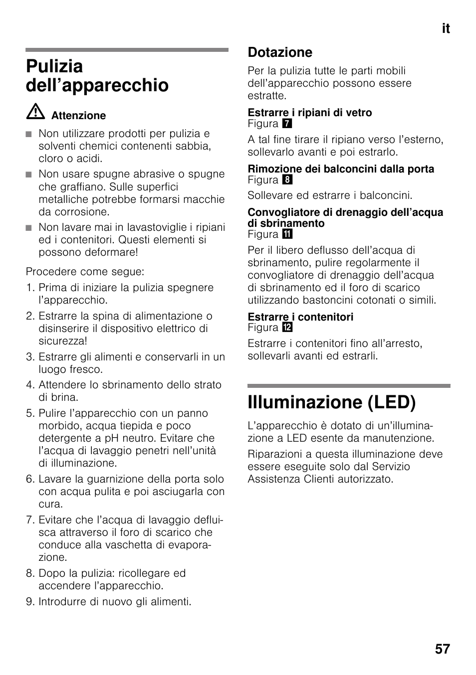 Pulizia dell’apparecchio, Dotazione, Estrarre i ripiani di vetro | Rimozione dei balconcini dalla porta, Estrarre i contenitori, Illuminazione (led), Pulizia dell’apparecchio illuminazione (led), It 57 | Bosch KSV36VL30 Réfrigérateur 1 porte Confort User Manual | Page 57 / 78