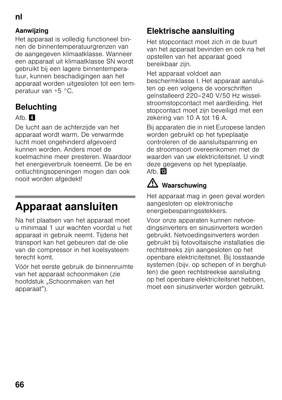 Beluchting, Apparaat aansluiten, Elektrische aansluiting | Nl 66 | Bosch KSV36VL30 Réfrigérateur 1 porte Confort User Manual | Page 66 / 78