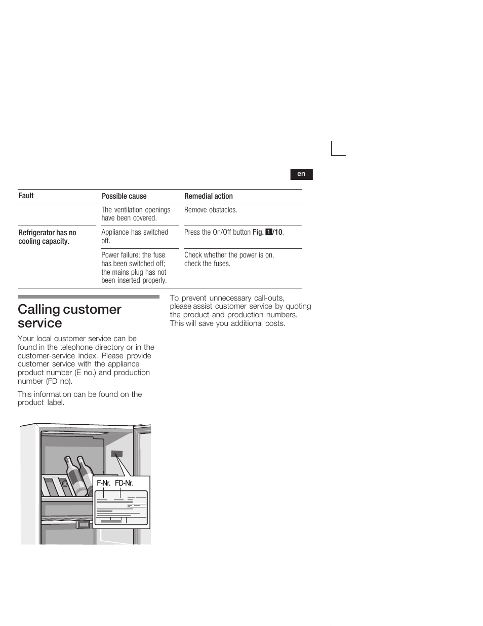 Calling customer service | Bosch KSW38940 Cave à vin de vieillissement Premium Luxe User Manual | Page 25 / 64
