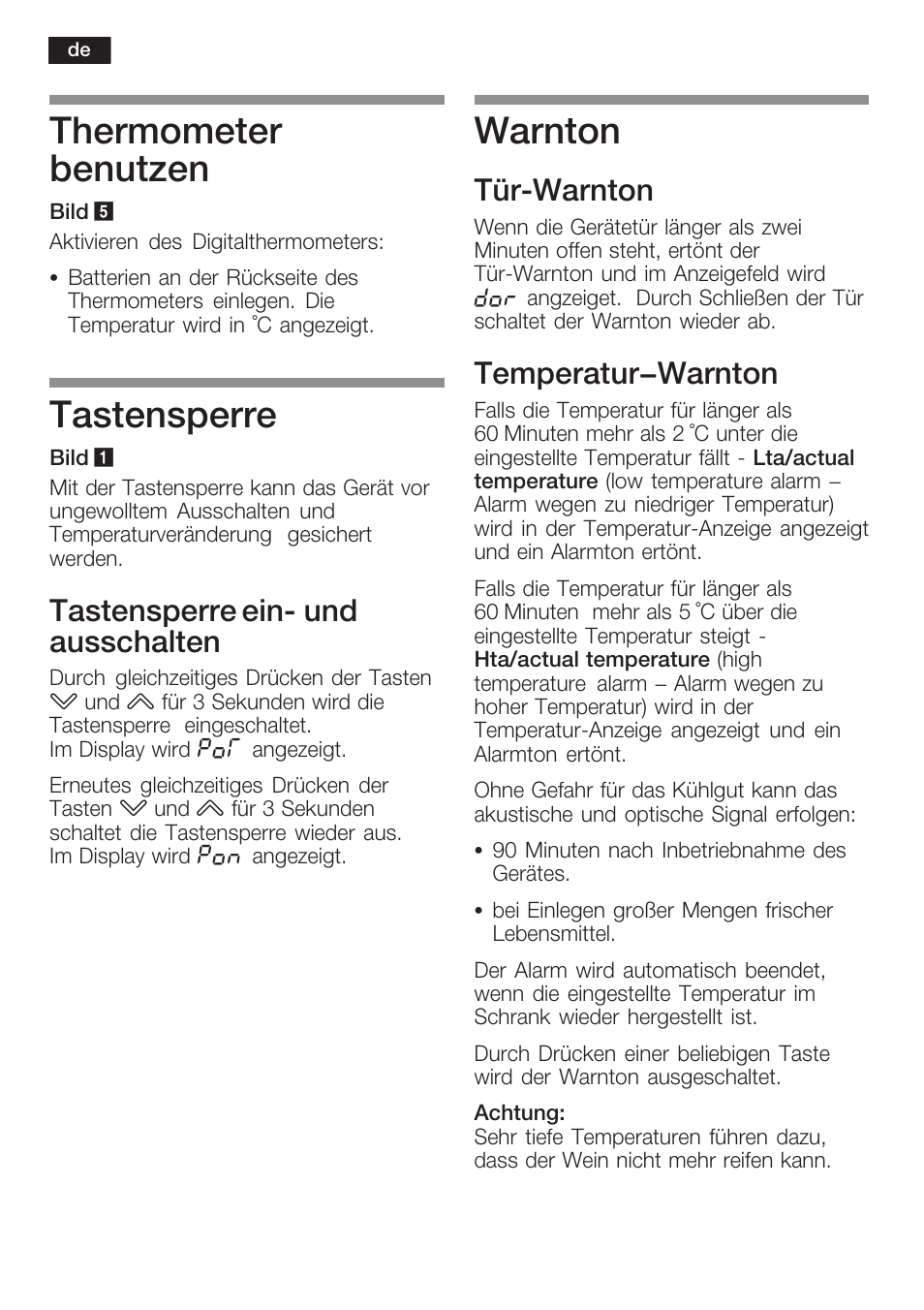 Thermometer benutzen, Tastensperre, Warnton | Tastensperre einć und ausschalten, Türćwarnton, Temperatur-warnton | Bosch KSW38940 Cave à vin de vieillissement Premium Luxe User Manual | Page 10 / 75