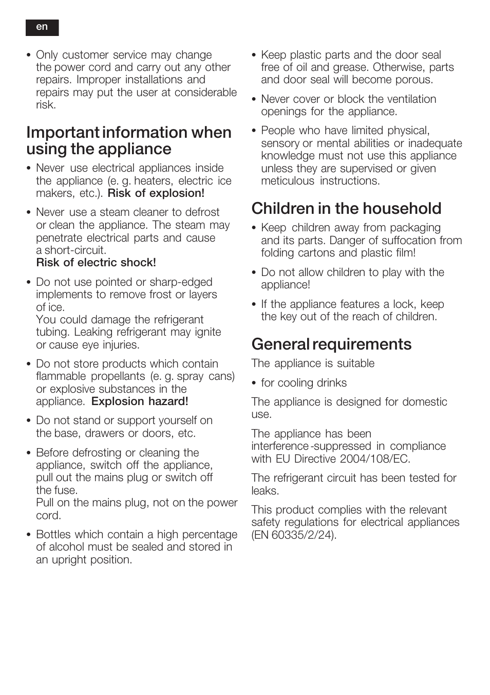 Important information when using the appliance, Children in the household, General requirements | Bosch KSW38940 Cave à vin de vieillissement Premium Luxe User Manual | Page 18 / 75