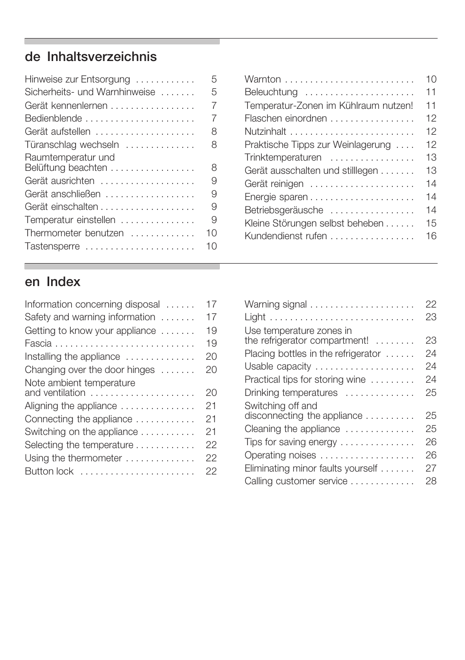 Deąinhaltsverzeichnis, Enąindex | Bosch KSW38940 Cave à vin de vieillissement Premium Luxe User Manual | Page 2 / 75