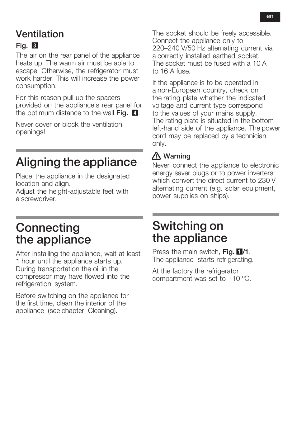 Aligning the appliance, Connecting the appliance, Switching on the appliance | Ventilation | Bosch KSW38940 Cave à vin de vieillissement Premium Luxe User Manual | Page 21 / 75