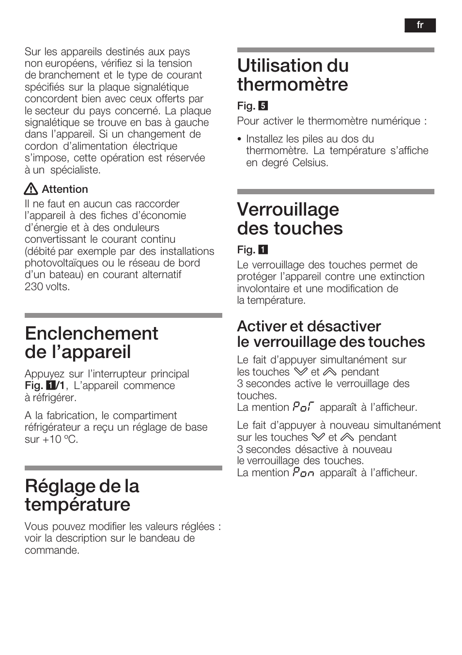 Enclenchement de l'appareil, Réglage de la température, Utilisation du thermomètre | Verrouillage des touches, Activer et désactiver le verrouillage des touches | Bosch KSW38940 Cave à vin de vieillissement Premium Luxe User Manual | Page 35 / 75