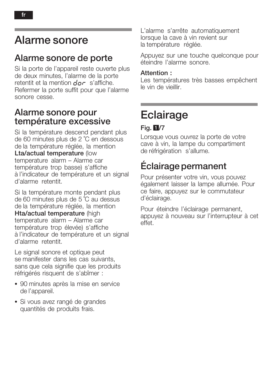Alarme sonore, Eclairage, Alarme sonore de porte | Alarme sonore pour température excessive, Éclairage permanent | Bosch KSW38940 Cave à vin de vieillissement Premium Luxe User Manual | Page 36 / 75