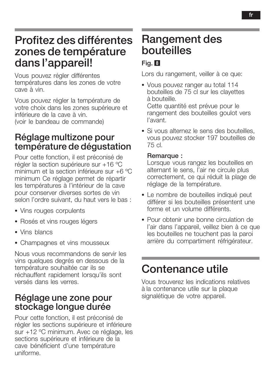 Rangement des bouteilles, Contenance utile, Réglage multizone pour température de dégustation | Réglage une zone pour stockage longue durée | Bosch KSW38940 Cave à vin de vieillissement Premium Luxe User Manual | Page 37 / 75