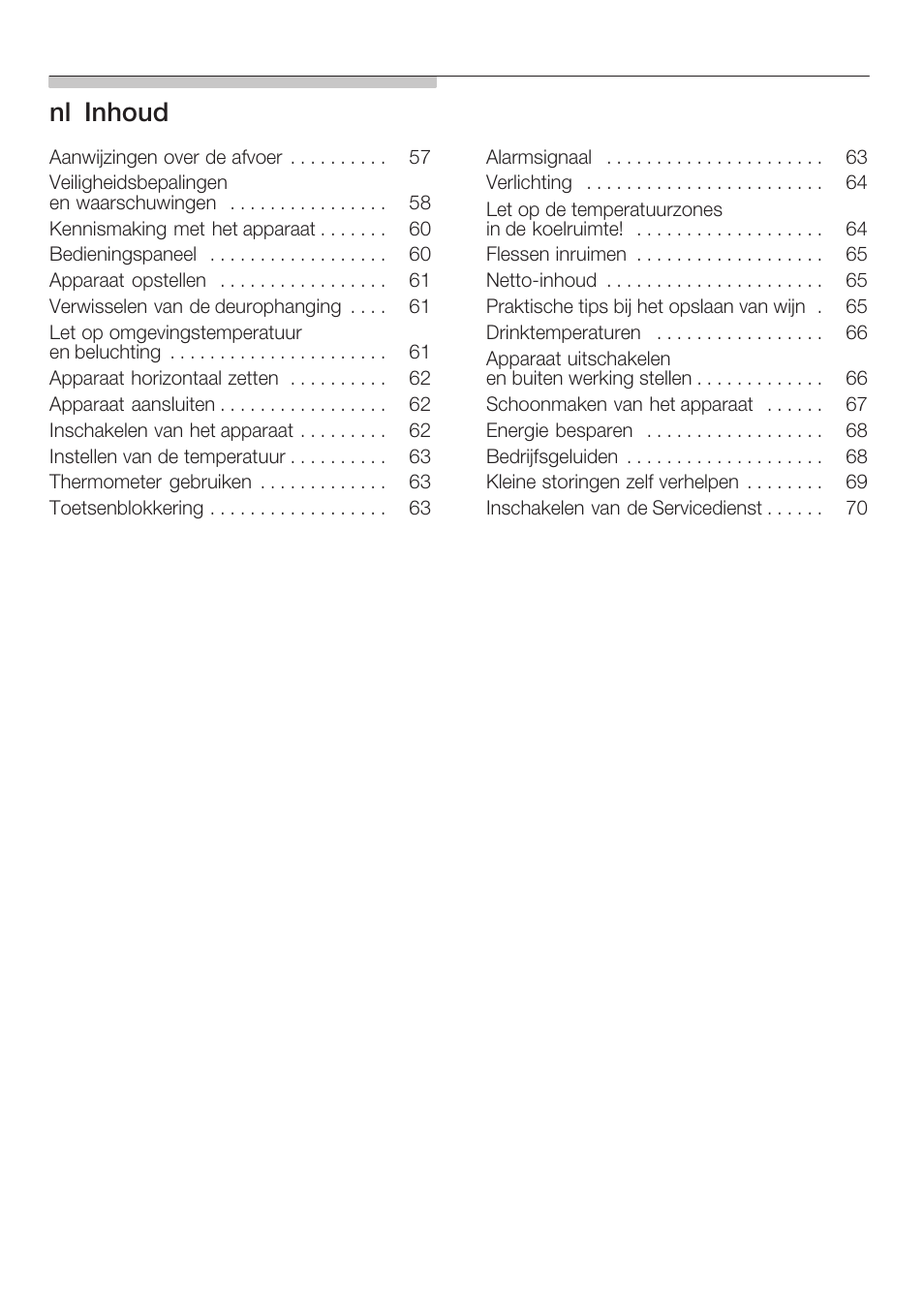 Nląinhoud | Bosch KSW38940 Cave à vin de vieillissement Premium Luxe User Manual | Page 4 / 75